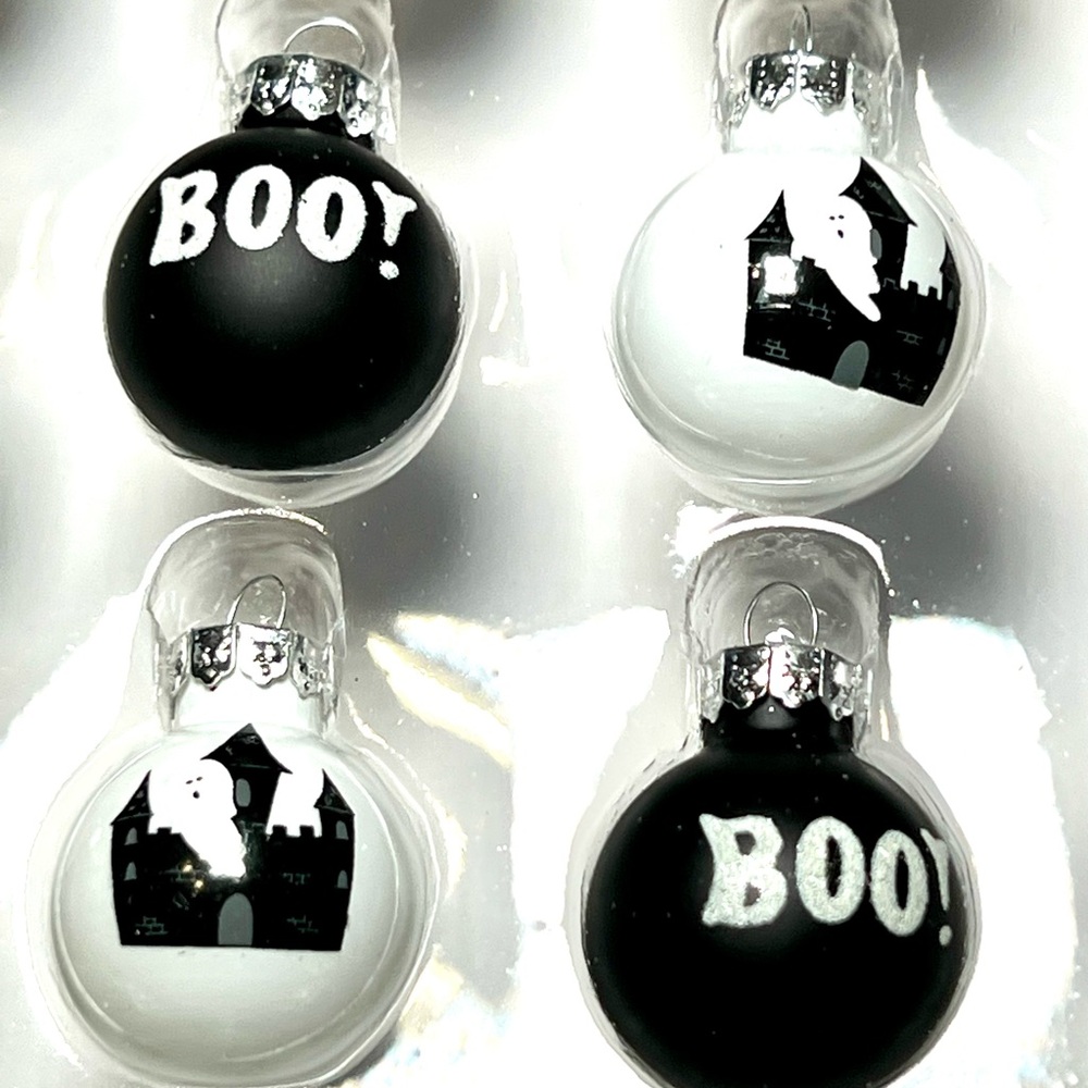 20 Mini Halloween Haunted House Boo Ghost Glass Ball Ornaments Black White